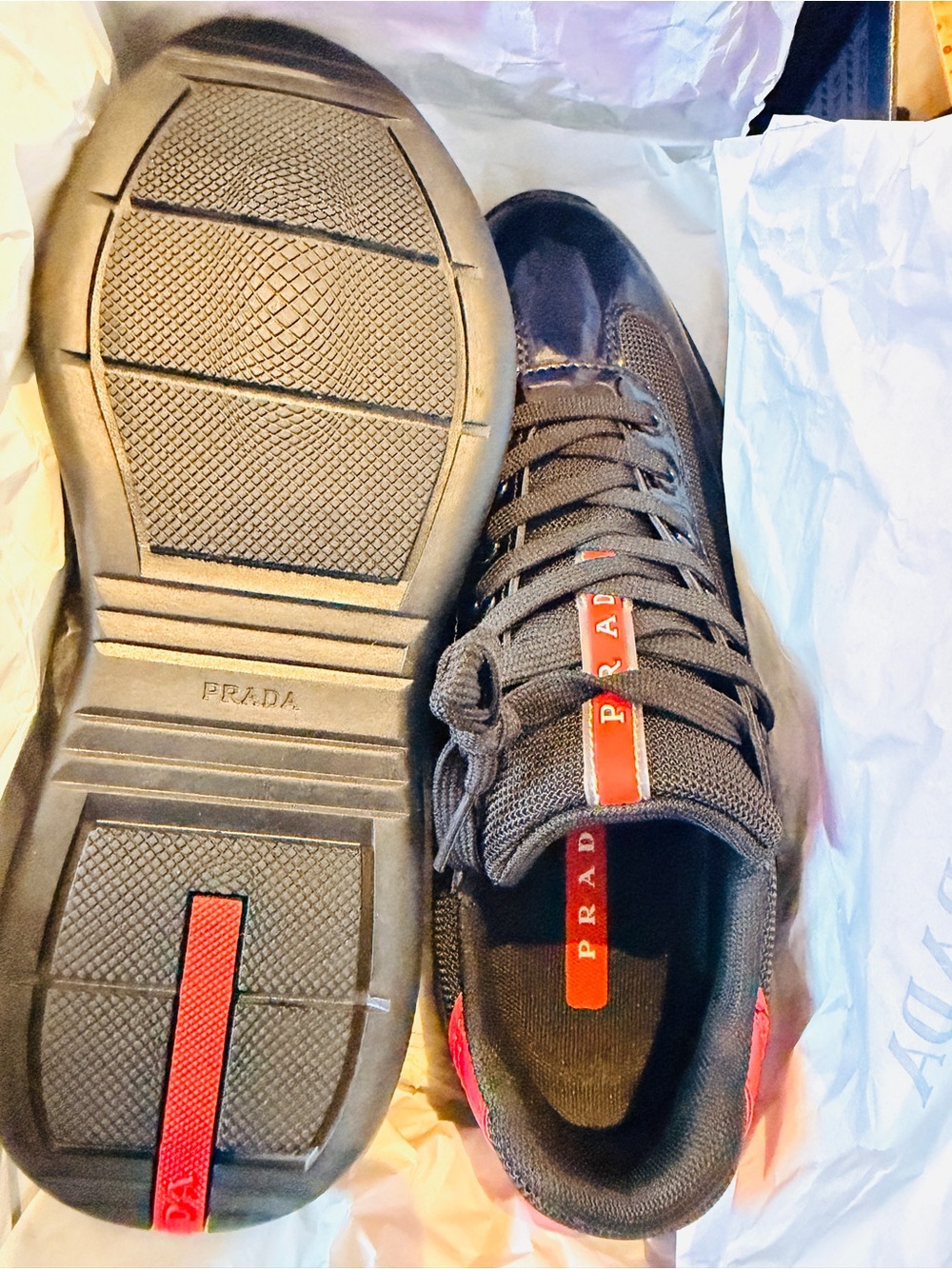 Prada Men’s Black Sneakers with Red Heel Accents - Picture 7 of 11